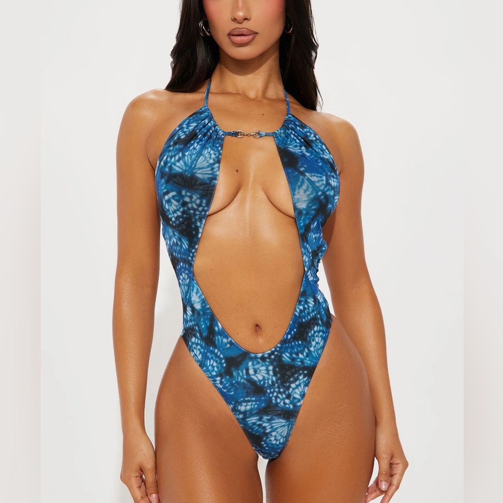 SOLD OUT FASHION NOVA JOCELYN 1 PIECE SWIMSUIT MEDIUM BLUE BLACK NEW WITH TAGS